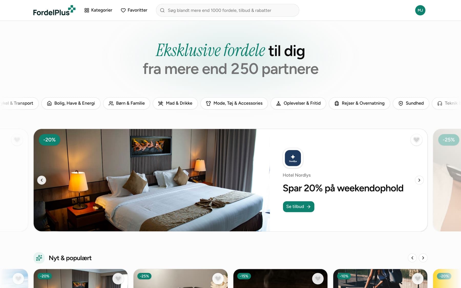 Forsiden i FordelPlus-portalen med fremhævede tilbud og kategorier