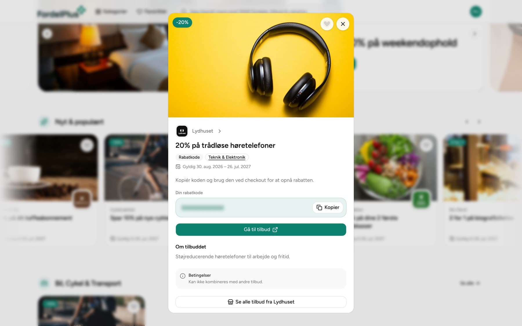 Et åbent tilbud med rabatkode og knap til partnerens webshop